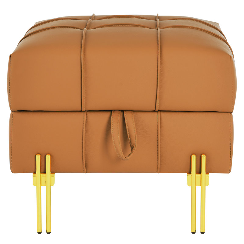 Banc de vestibule orange en cuir pour animaux de compagnie avec pieds en acier inoxydable doré et surface de rangement spacieuse de 22 po