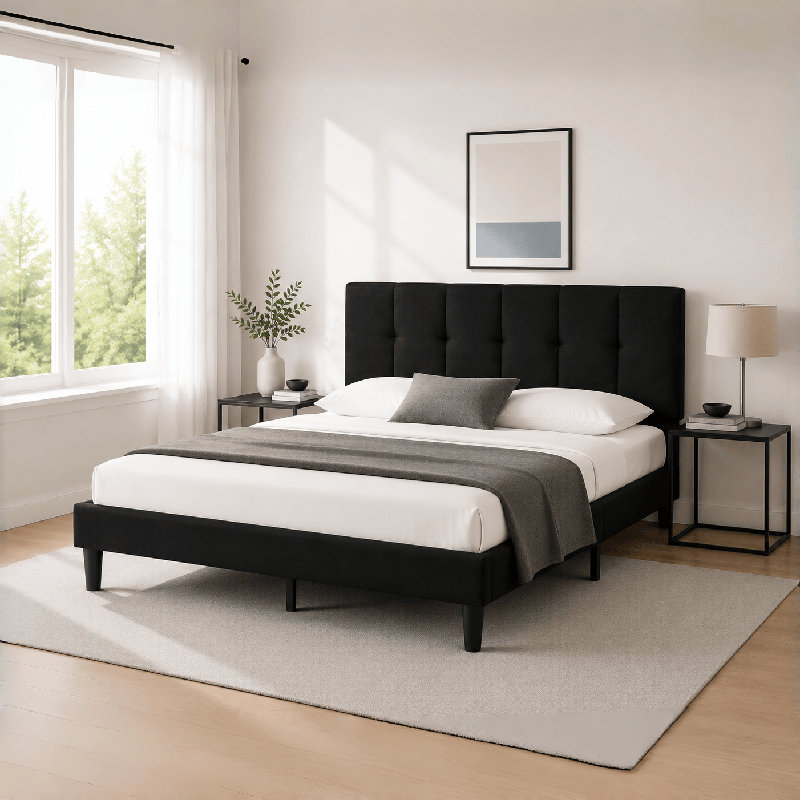 Dajai Upholstered Unfinished Platform Bed, Queen, Black
