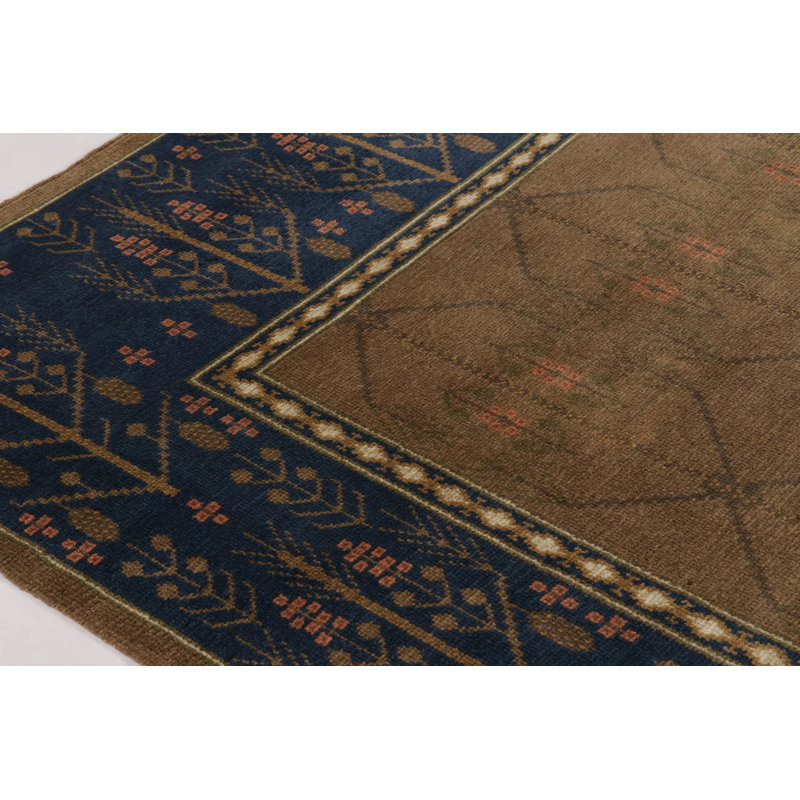 Vintage Swedish "Flossa" Rug, Tobacco Brown & Navy Botanical Border - Rug & Kilim