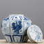 Scène de jardin bleue / blanche avec urnes à couvercle et pots
