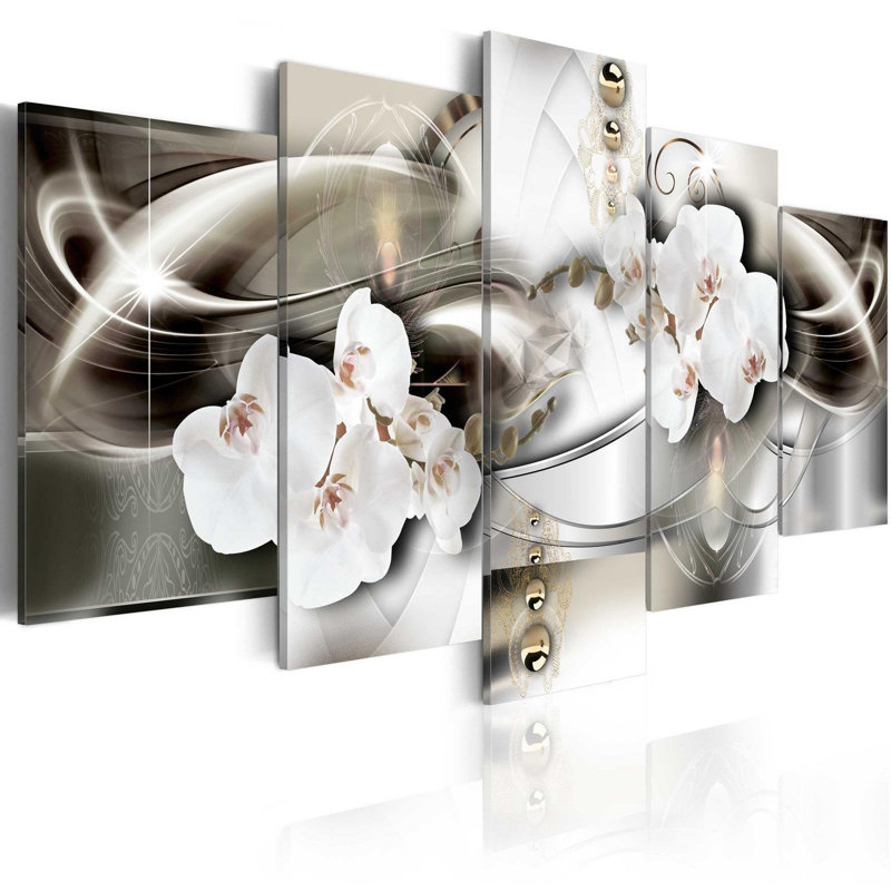 Orchidées parmi les vagues d'or sur toile, reproduction de 5 pièces, H 40 po x l 80 po x P 0,7 po