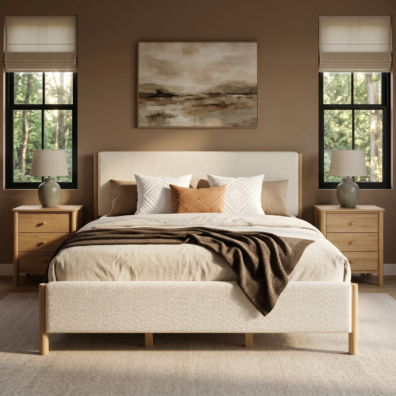 Très grand lit capitonné moderne blanc avec pieds en bois d'hévéa - Tissu texturé doux, élégant et durable, Très grand lit