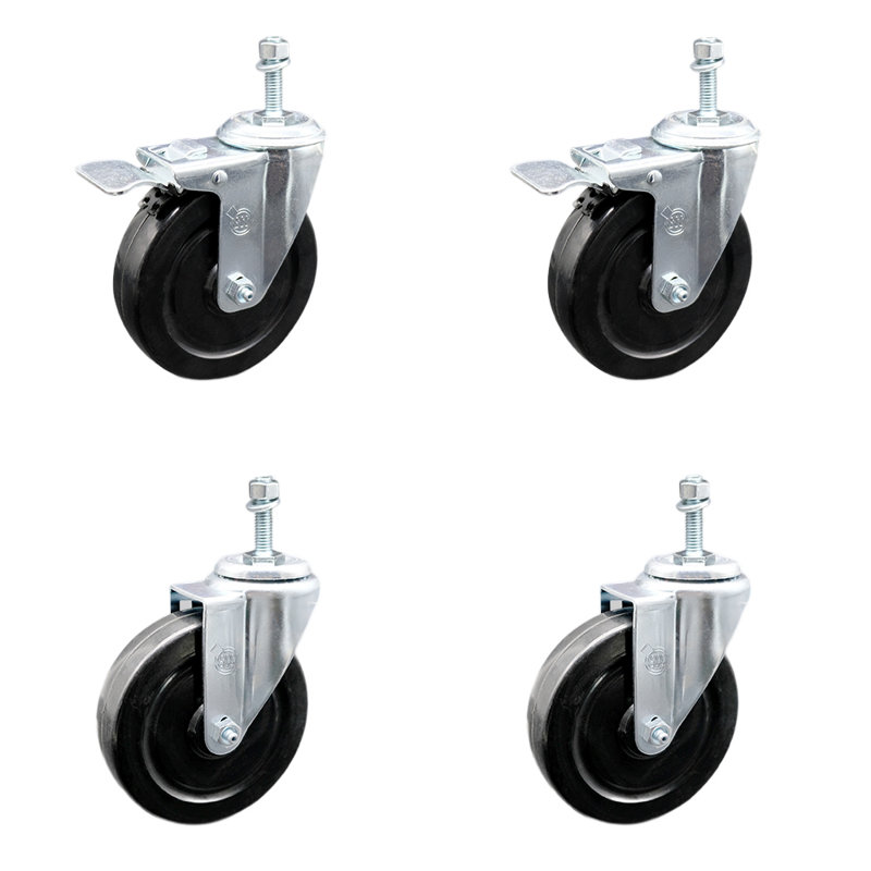 5 Inch SS Hard Rubber Swivel 10mm Threaded Stem Caster Set 2 Lock Brake SCC