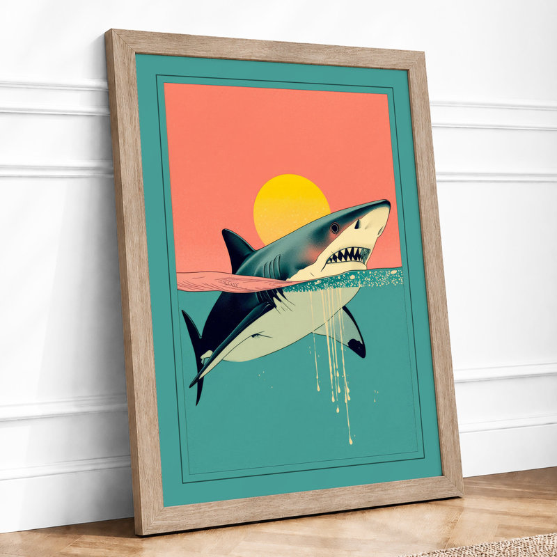 Shark at Sunrise Art Deco - Framed Print, A2 - 59.4 x 42.0 cm, Oak