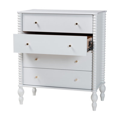 Baxton Studio Cherryl Spindle Chest - 4-Drawer Farmhouse Vertical Cabinet with Turned Accents for Bedroom, White