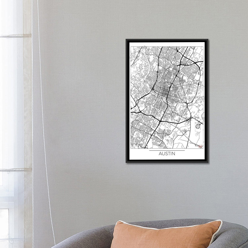 «Austin Minimal Urban Blueprint Map», reproduction d'impression sur toile, H 26 po x l 18 po x P 1,5 po, Pas de tapis