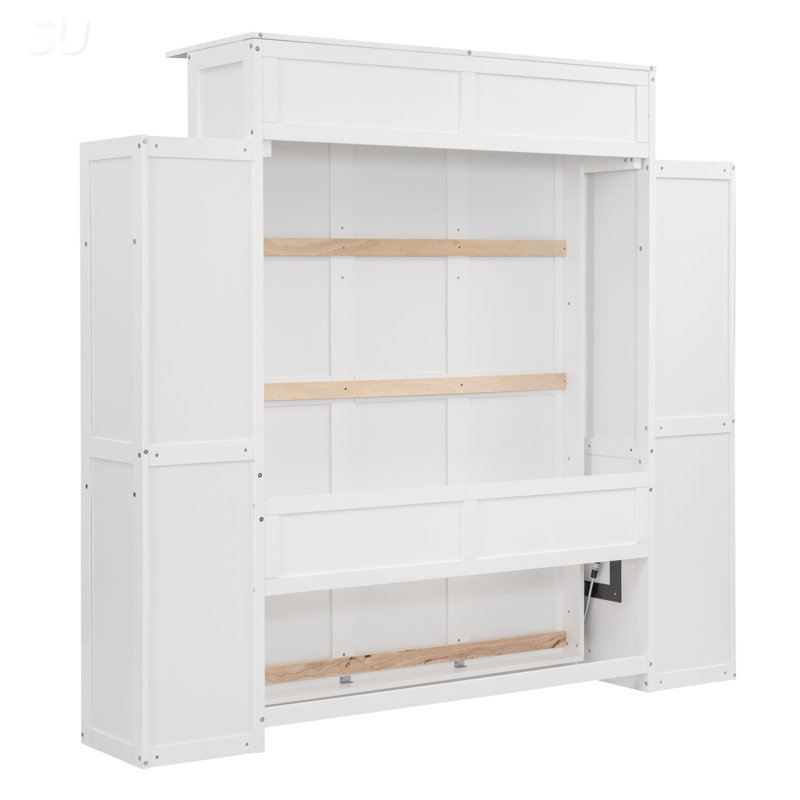 Lit escamotable double pleine grandeur avec tablettes, Lit double, Blanc