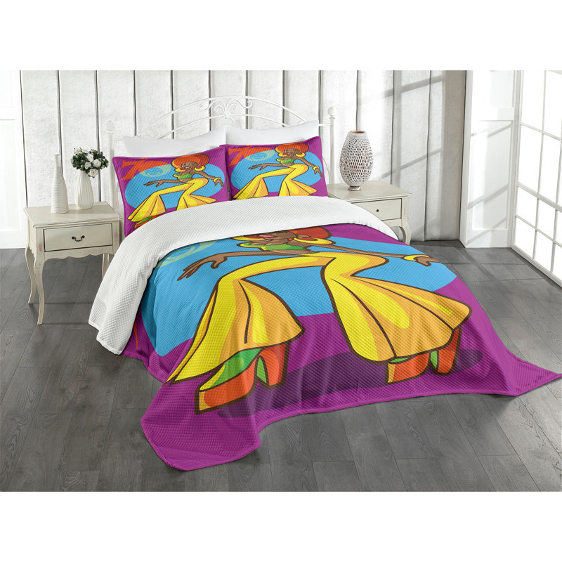 Ambesonne Party Bedspread Set 3 Pcs Afro Disco Lady King Multicolor