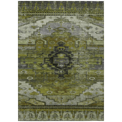 Machine Washable Indoor/Outdoor Xhevrie Olive Rug