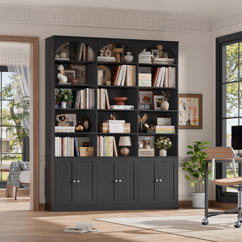Bibliothèque moderne H 77,8 po x l 61,3 po, vitrine arquée élégante avec tablettes à 7 niveaux et rangement à 6 portes, Black