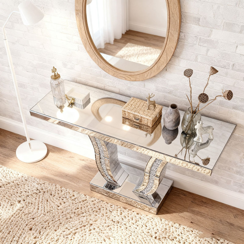 Console à miroir de 43 pouces, canapé d'entrée moderne en argent avec pieds courbés incrustés de pierre