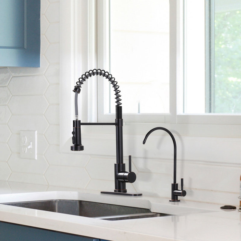 19 In. 360° Spout Swivel Pull Down Sprayer Kitchen Faucet With Water Filter Faucet In Oil Rubbe Bronze, Oil Rubbed Bronze