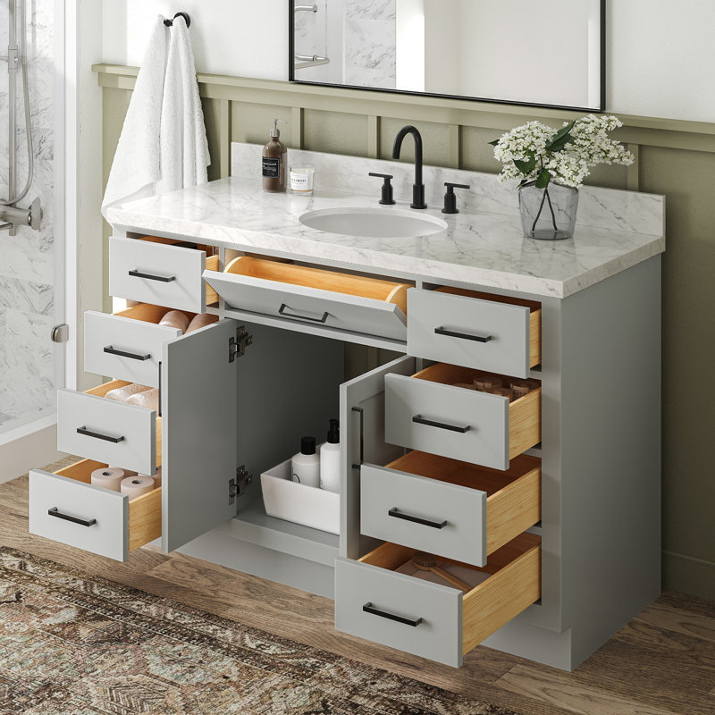 Meuble-lavabo simple en bois massif 54 po avec lavabo en marbre Carrara de 1,5 po Thornaby, Ovale, Gris / noir mat