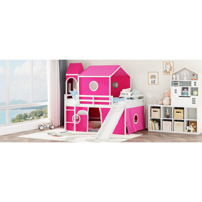 Lit mezzanine double rose avec glissoire, tour et tente de pin fermée