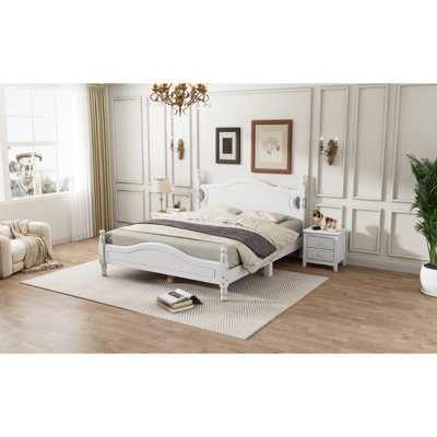 White Wood Queen Bed, Retro Style With Strong Slat Construction For Stability Elegant Bed Frame, Wooden Support Bedroom