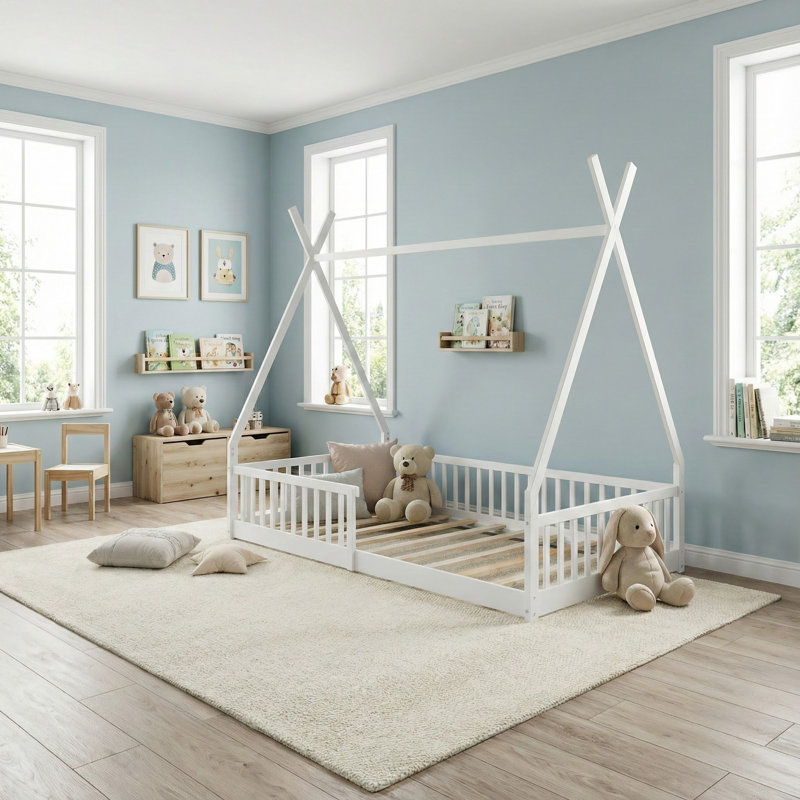 Twin-size Distressed Wood House Bed With Playful Fence & Sky Roof – Versatile Floor Bed For Creative Kids, White