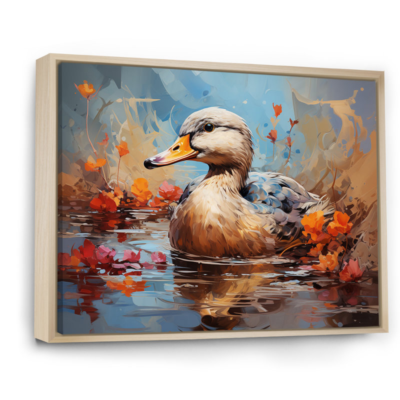 «Blue and Brown Duck In Pond I», art mural animal canard, Cadre flottant brun, H 30 po x l 40 po x P 1,5 po