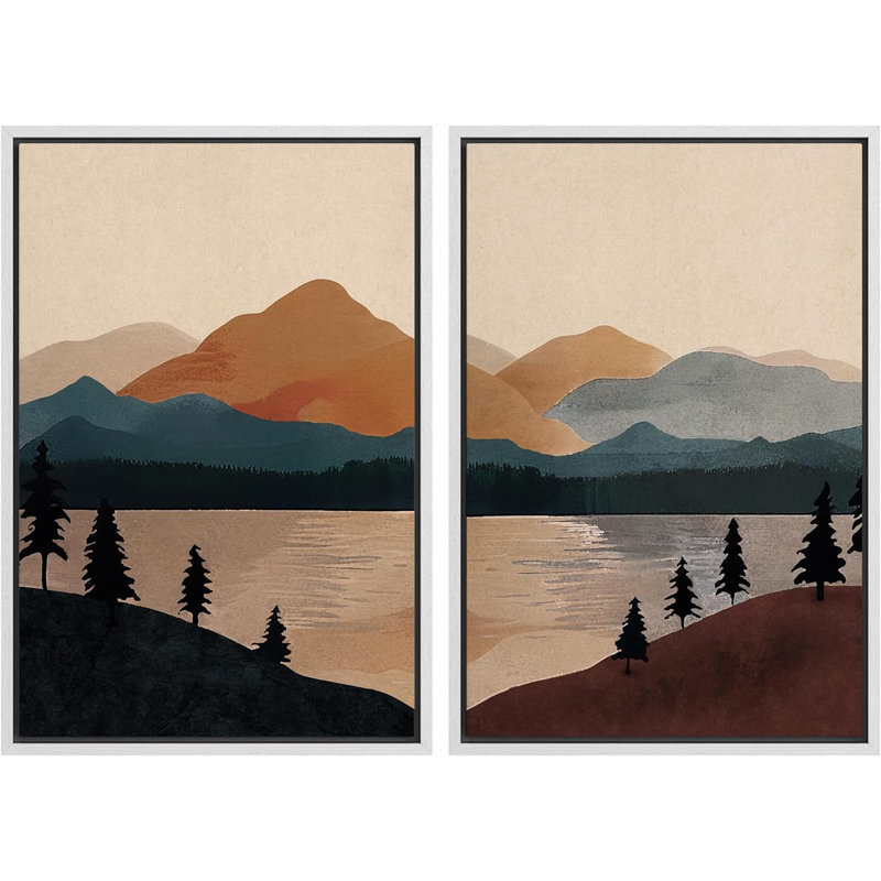 «Mid-Century Modern Brown Mountain Lake Landscape Decor», art mural, impression sur toile, 2 pièces, H 24 po x l 36 po