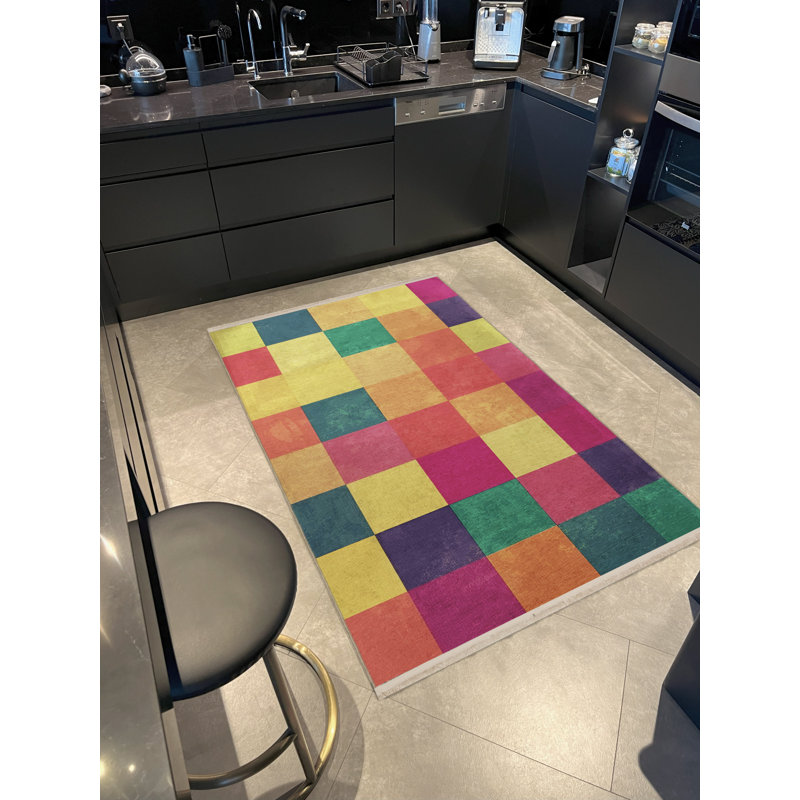 Tapis décoratif multicolore à motif géométrique carré, Tapis de couloir 3 pi 3 po x 9 pi 10 po
