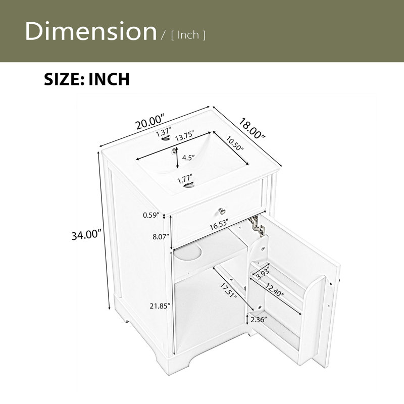Meuble-lavabo 20 po avec lavabo, armoire de salle de bain avec porte à fermeture douce, Noir