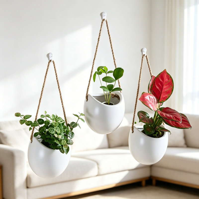 Ensemble de 3 vases muraux en céramique - Pots de fleurs suspendus pour plantes d'intérieur, décoration murale pour hall d'entrée
