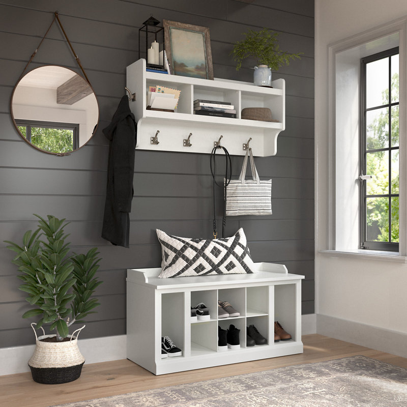 Nara Hall Tree with Bench and Shoe Storage, White Ash