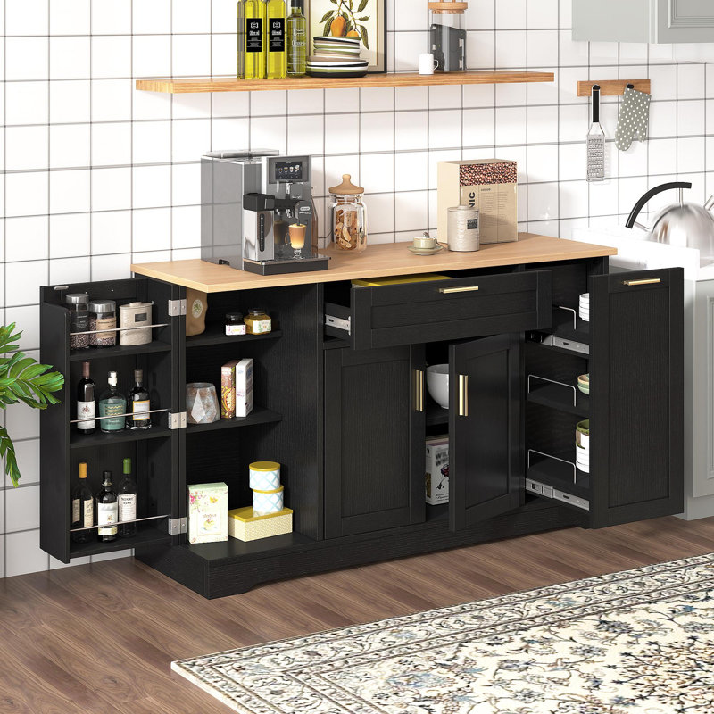 Buffet de rangement multifonctionnel, table de salle à manger extensible, tablettes réglables, support coulissant à 3 niveaux, rangement pour îlot de cuisine pour la cuisine, la salle à manger, le salon (noir)