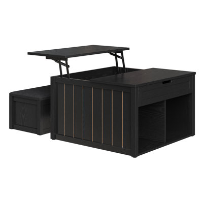 Square Farmhouse Lift Top Coffee Table with Upholstered Storage Bench, Multi-functional Center Table For Living Room