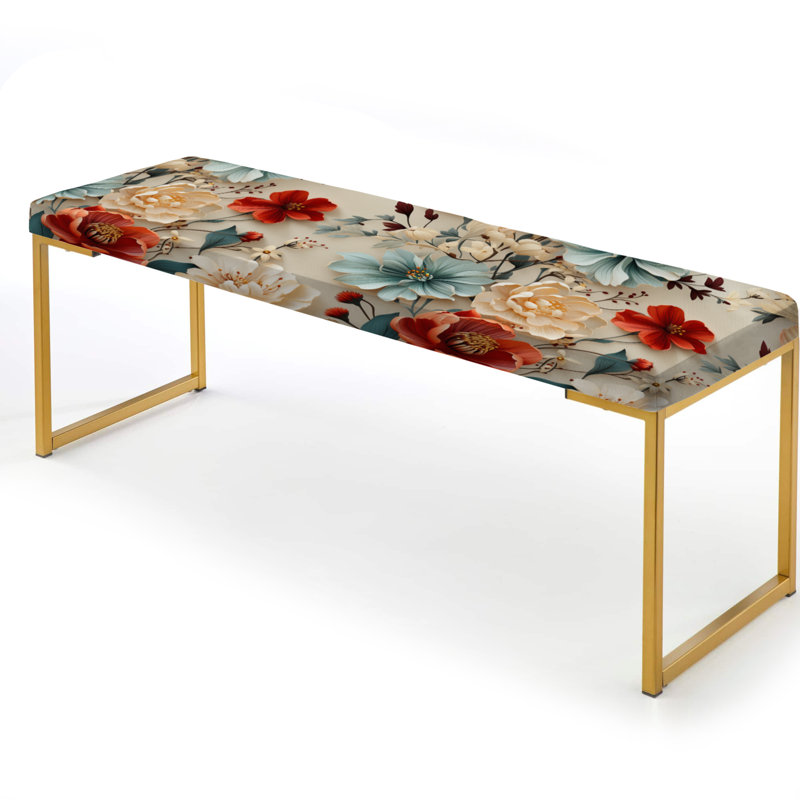 Upholstered Gold Bench, Red And Blue Poppy Mosaic Melody