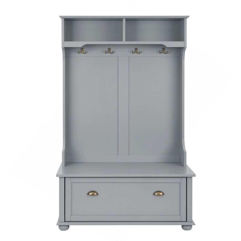Modern Classic Hall Tree With Shoe Rack Bench And Coat Hooks For Hanging Storage, Entryway Bench With Open Shelves And Shoe Cabinets  GRAY
