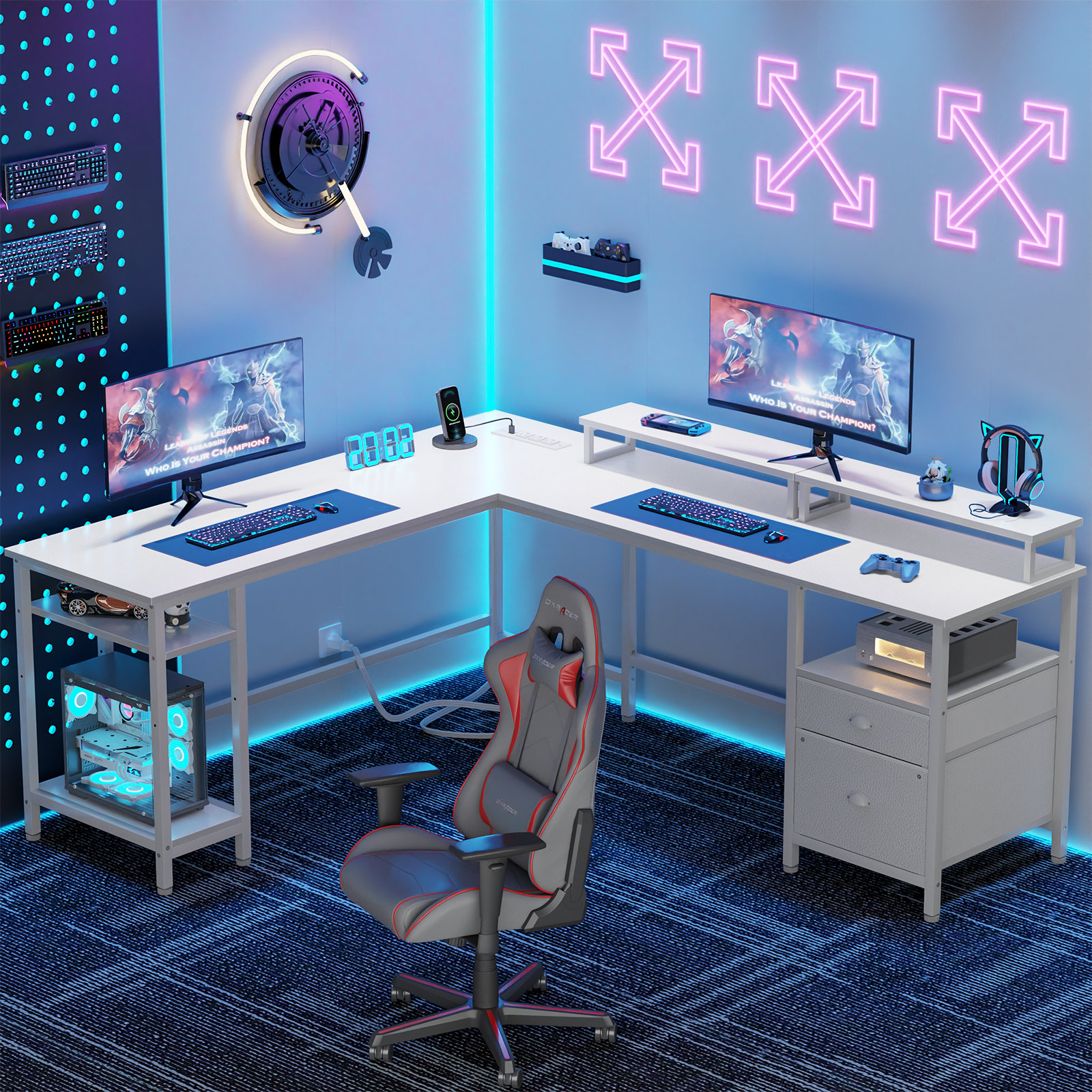 Utun 66 Computer Furco 66 in. L-Shaped Computer Desk with 2 Monitor Stand, Power Outlet ...