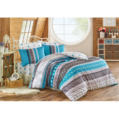 Ensemble de housse de couette 100% coton double Ranforce, turquoise et blanc / brun et crème, comprend une housse de couette de 79 x 87 po, un drap plat de 94 x 102 po, des taies d'oreiller de 20 x 28 po (2) | Lavable à la machine, fermeture à boutons et enveloppes