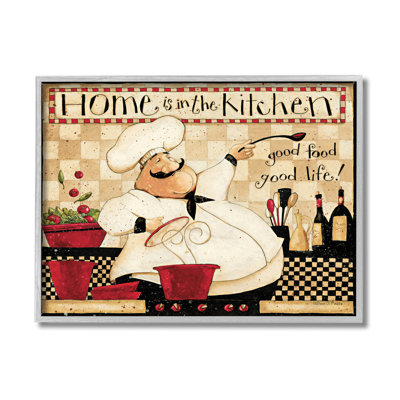 Home is the Kitchen Phrase Charming Vintage Chef Gray Farmhouse Rustic Oversized Framed Giclee Texturized Art by Dan DiPaolo