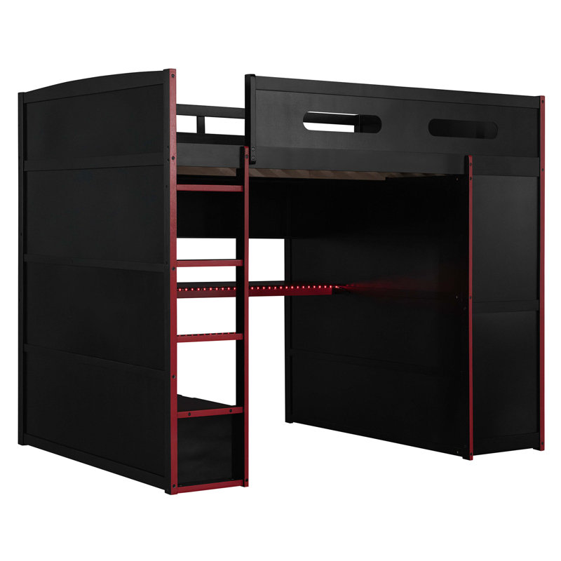 Lit mezzanine double en bois avec bureau, garde-robe, grand espace de rangement et lumière RVB, Red