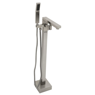 Floor Mounted Tub Filler With Brushed Nickel Finish, High - Grade Lead Brass, Smooth Dual Temperature Handles, 360 Horizontal + 90 Vertical Spout, Splash Faucet Handheld Shower, Solid Brass Build,