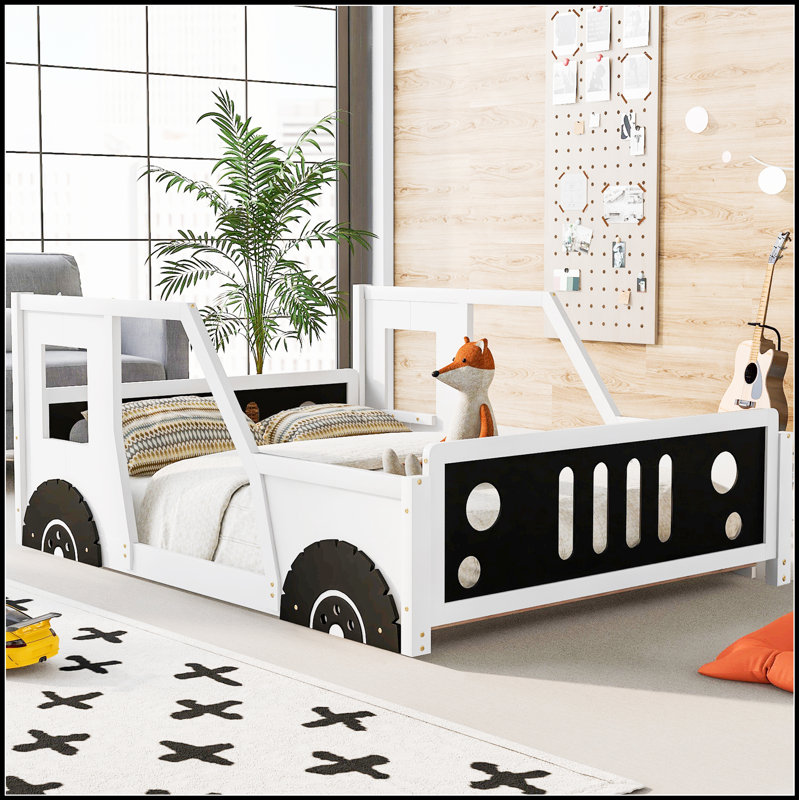 Lit plateforme classique avec roulettes en forme de voiture, parfait pour les chambres d'enfants et les espaces créatifs