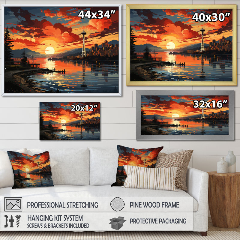 Orange, ville jaune, Seattle, Popart, impression sur toile, H 16 po x l 32 po x P 1 po, Cadre flottant noir