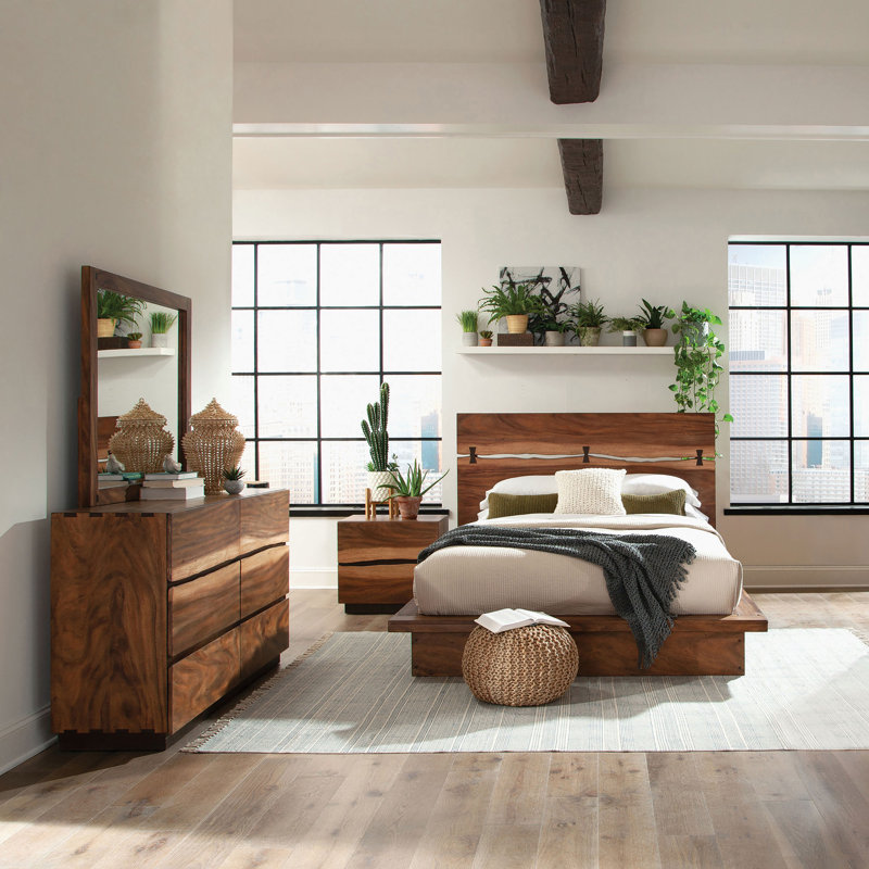 Jequarius 5-piece Queen Bedroom Set Smokey Walnut, Queen, 5 Pcs: Bed, Nightstand, 2 Dressers, Mirror