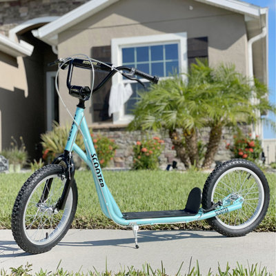 Aosom Youth Scooter Kick Scooter For Kids 5+ With Adjustable Handlebar 16" Front And Rear Dual Brakes Inflatable Wheels