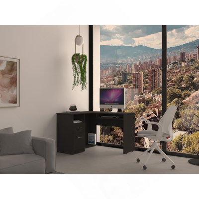 L-Shaped Desk, Keyboard Tray, Two Drawers, One Open Shelf, Black