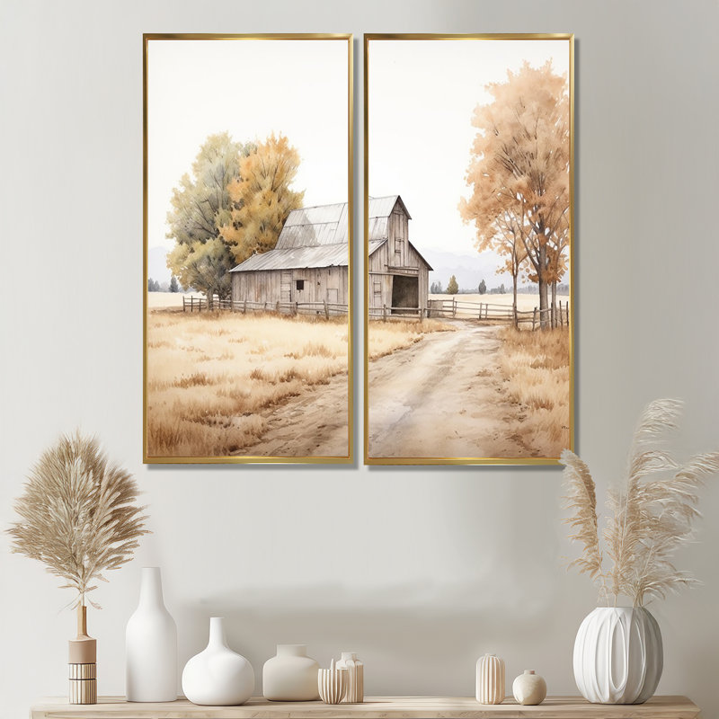 Paysage de grange, minimalisme, paysage - grande grange, art mural, Impression encadrée flottante, H 40 po x l 40 po, Doré