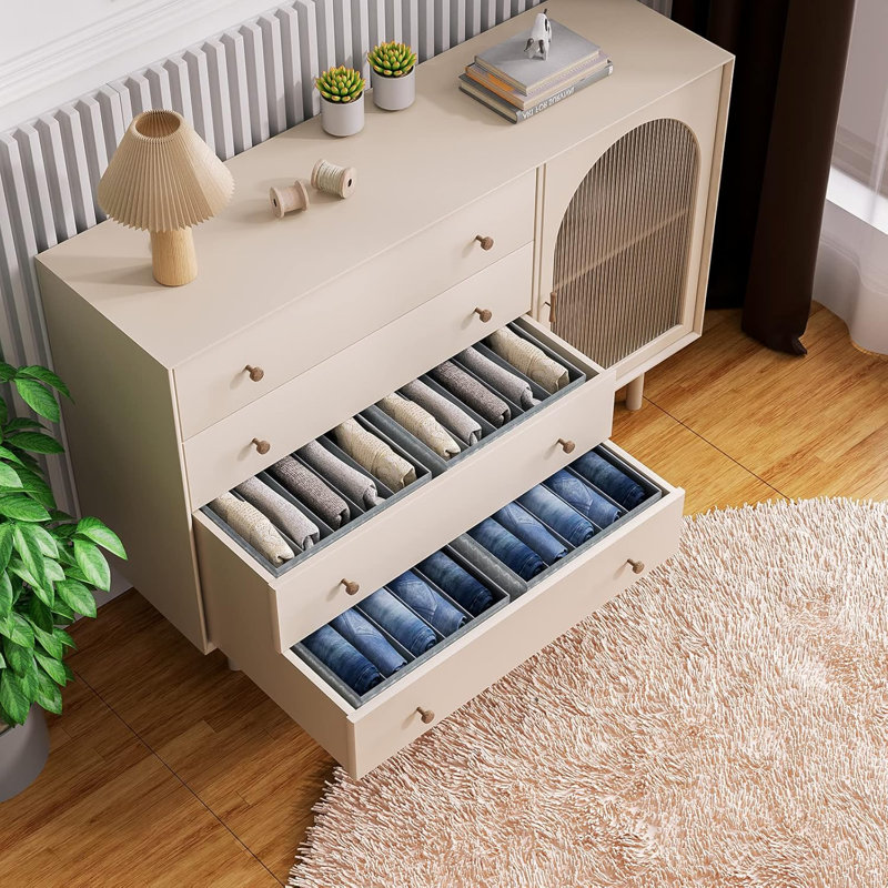 Organisateur de tiroir en tissu avec support en carton, diviseur de vêtements à 5 grilles pour garde-robe, placard et commode, solution de rangement pliable pour jeans, chandails et plus, paquet de 2
