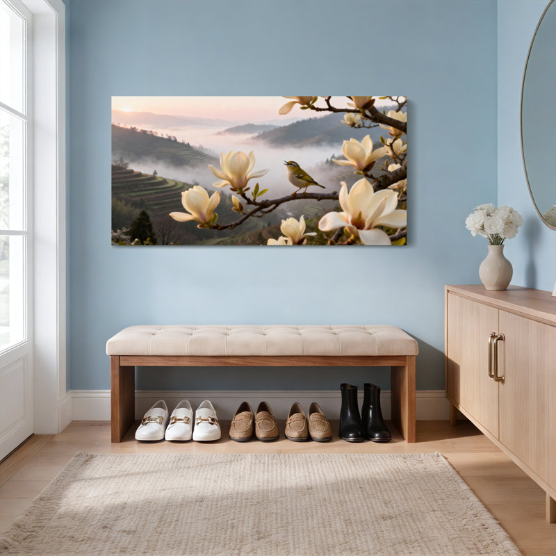 Ensemble de 1 tableau sur toile tendue représentant un paysage de montagne avec des fleurs de magnolia et des oiseaux