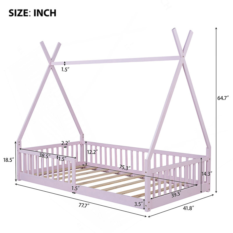 Lit simple en bois avec clôture, Rose