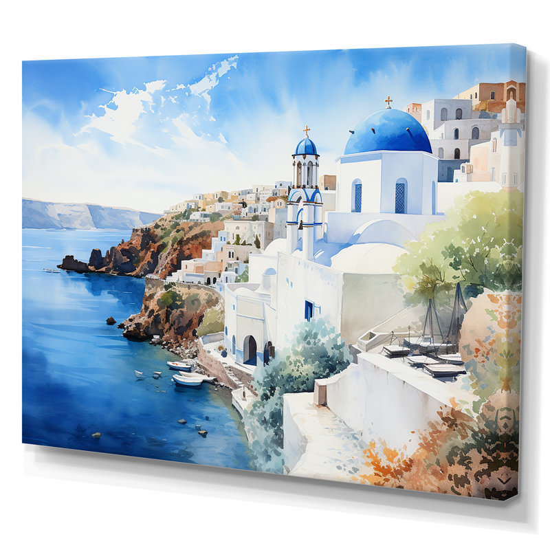 Grèce «Santorini Coastal View I», art mural Grèce, Toile tendue, H 12 po x l 20 po x P 1 po