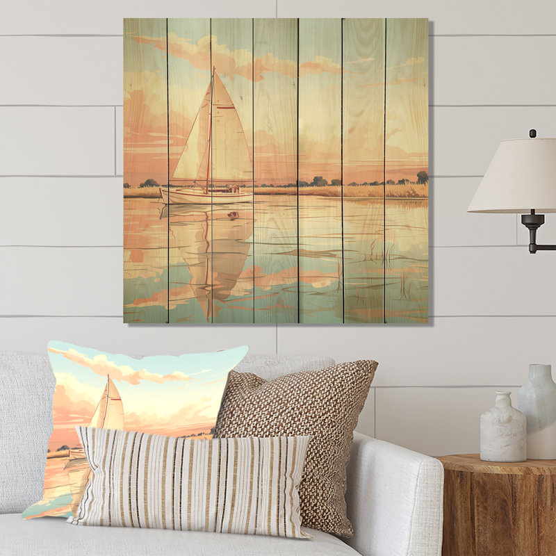 Peinture de voile orange coucher de soleil II - Bateau sur bois, H 36 po x l 36 po