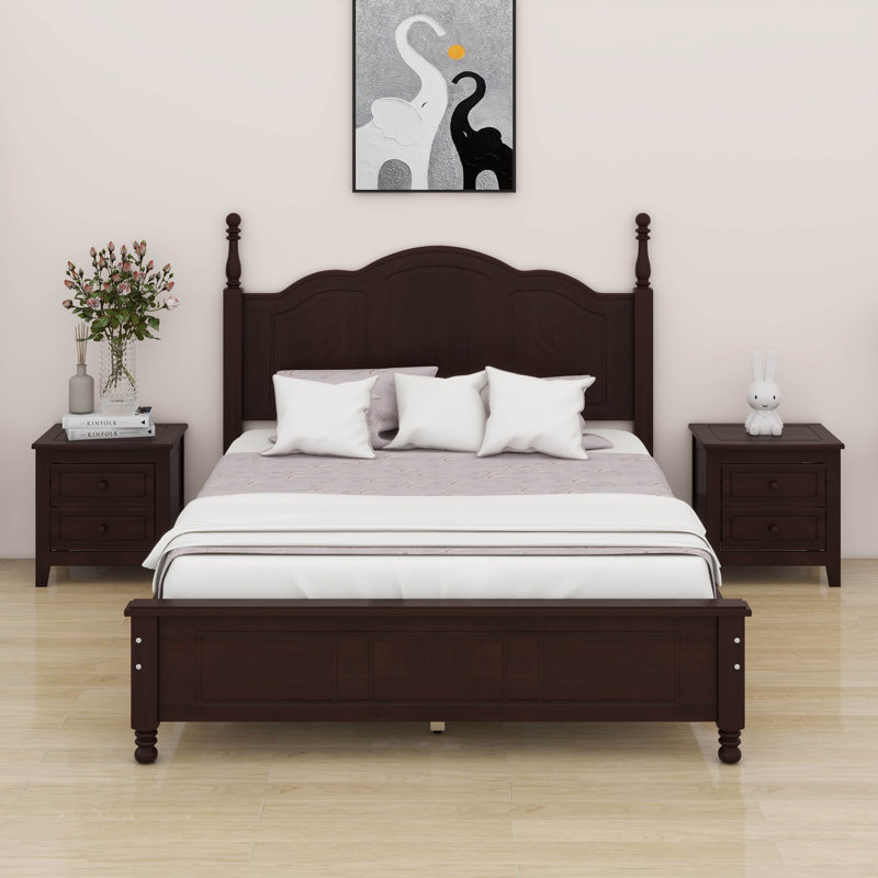 Ensemble de chambre à coucher en bois 3 pièces, ensemble de chambre à coucher 3 pièces avec lit plateforme et 2 tables de chevet