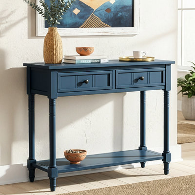 Console bleu marine foncé, style vintage, deux compartiments spacieux, étagère inférieure décorative, bois de pin massif à motifs, convient aux espaces de vie, assemblage partiel, table console de 35 cm de largeur, bleu marine.