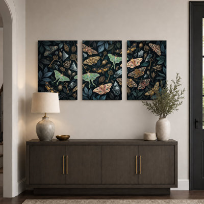 Green and Brown Moths with Vintage Keys and Crystals Set Of 3 Canvas Wall Art