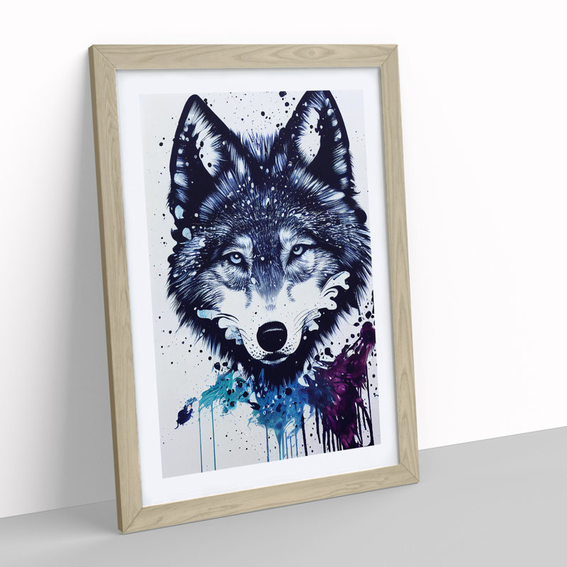 Painted Wolf No.2 - Wall Art, 36cm H x 27cm W, Oak Framed